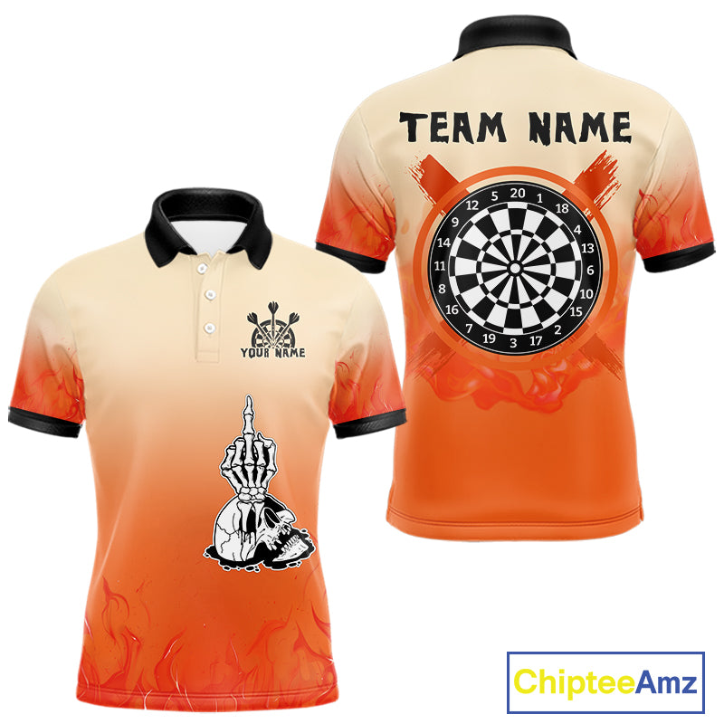 Men's Custom Dart Shirt With Skeleton Middle Finger Skull And Fiery Orange NYN0257