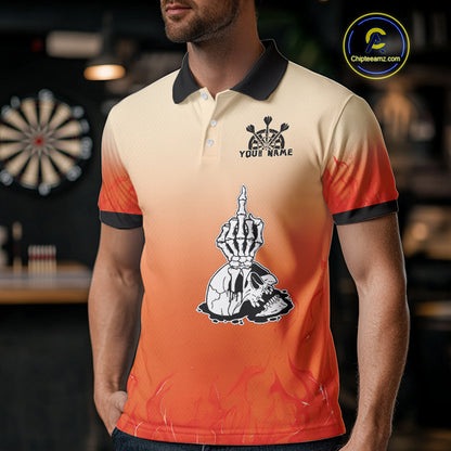 Men's Custom Dart Shirt With Skeleton Middle Finger Skull And Fiery Orange NYN0257