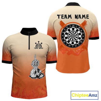 Men's Custom Dart Shirt With Skeleton Middle Finger Skull And Fiery Orange NYN0257