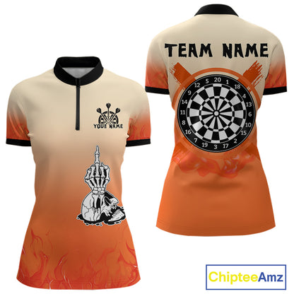 Women's Custom Dart Shirt With Skeleton Middle Finger Skull And Fiery Orange NYN0257