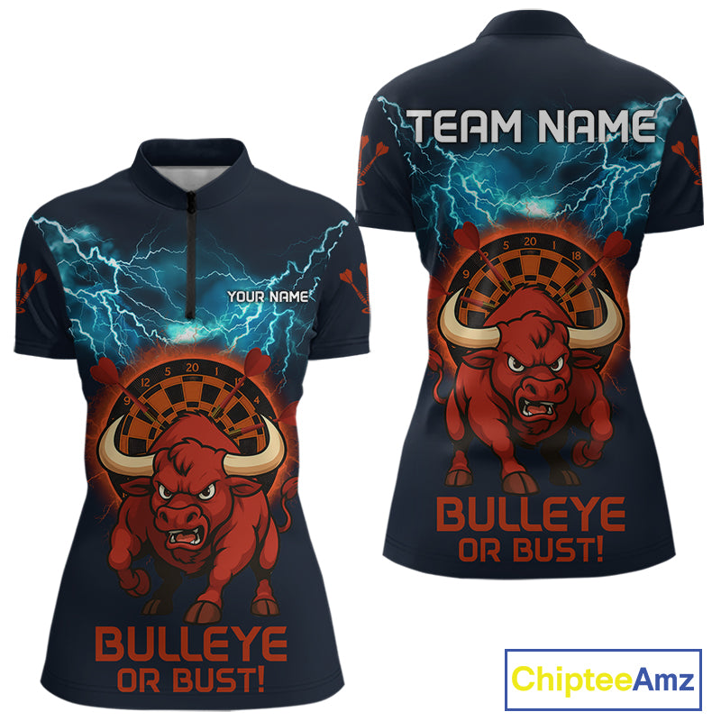 Women's Custom Darts Shirt With Red Angry Bull Lightning Effect And Flame Dartboard NYN0262