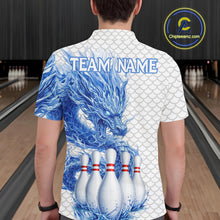 Load image into Gallery viewer, Male model wearing white blue dragon bowling polo shirt custom bowling team jersey for league bowlers