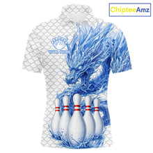 Load image into Gallery viewer, Men's white blue dragon bowling polo shirt mockup custom bowling team jersey splatter dragon bowling apparel