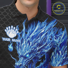 Load image into Gallery viewer, Male model wearing black blue dragon bowling polo shirt custom bowling team jersey for league bowlers