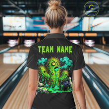 Load image into Gallery viewer, Female model wearing funny green cactus bowling shirt custom bowling team jersey for league bowlers