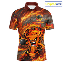 Load image into Gallery viewer, Men's red storm fire flame bowling polo shirt mockup custom bowling team jersey flame bowling apparel