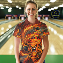 Load image into Gallery viewer, Female model wearing red storm fire flame bowling polo shirt custom bowling team jersey for league bowlers