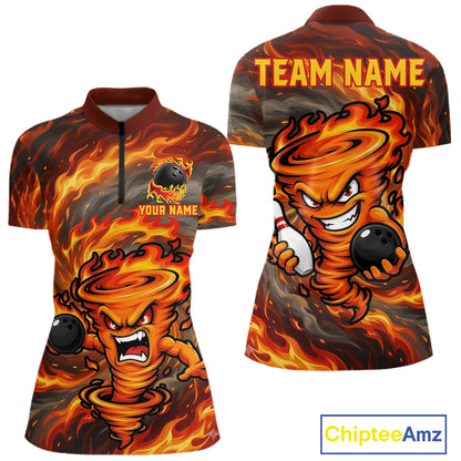 Women's red storm fire flame bowling quarter zip shirt mockup custom bowling team jersey flame bowling apparel