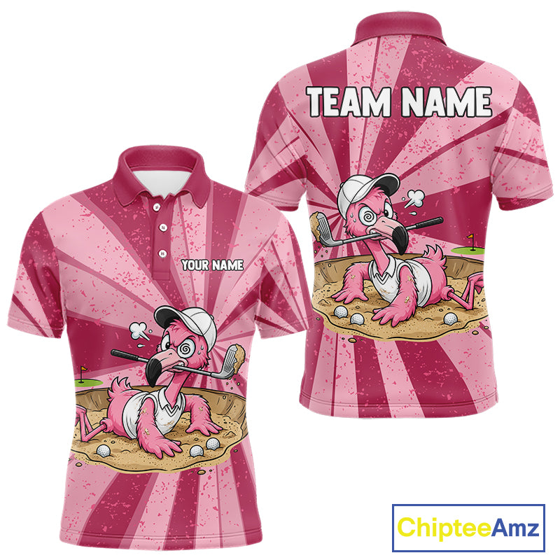 Men's golf polo mockup featuring distressed pink flamingo graphics, personalized golf polo for tournaments, golf teams, golf outings and country clubs. Appeals to bird lovers, tropical fashion enthusiasts, beach vacation travelers.