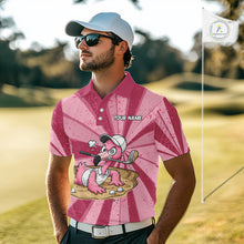 Load image into Gallery viewer, Male golfer wearing custom flamingo golf polo on championship course, premium moisture-wicking golf apparel for golf leagues, golf vacations and country club events.
