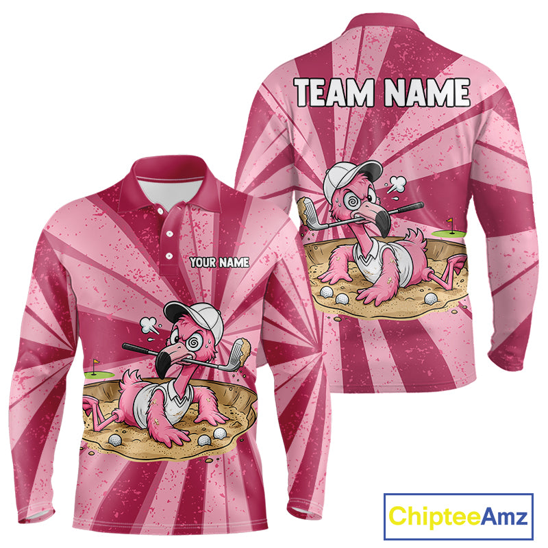 Men's golf polo mockup featuring distressed pink flamingo graphics, personalized golf polo for tournaments, golf teams, golf outings and country clubs. Appeals to bird lovers, tropical fashion enthusiasts, beach vacation travelers.