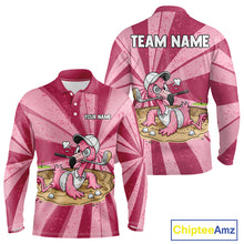 Load image into Gallery viewer, Men's golf polo mockup featuring distressed pink flamingo graphics, personalized golf polo for tournaments, golf teams, golf outings and country clubs. Appeals to bird lovers, tropical fashion enthusiasts, beach vacation travelers.