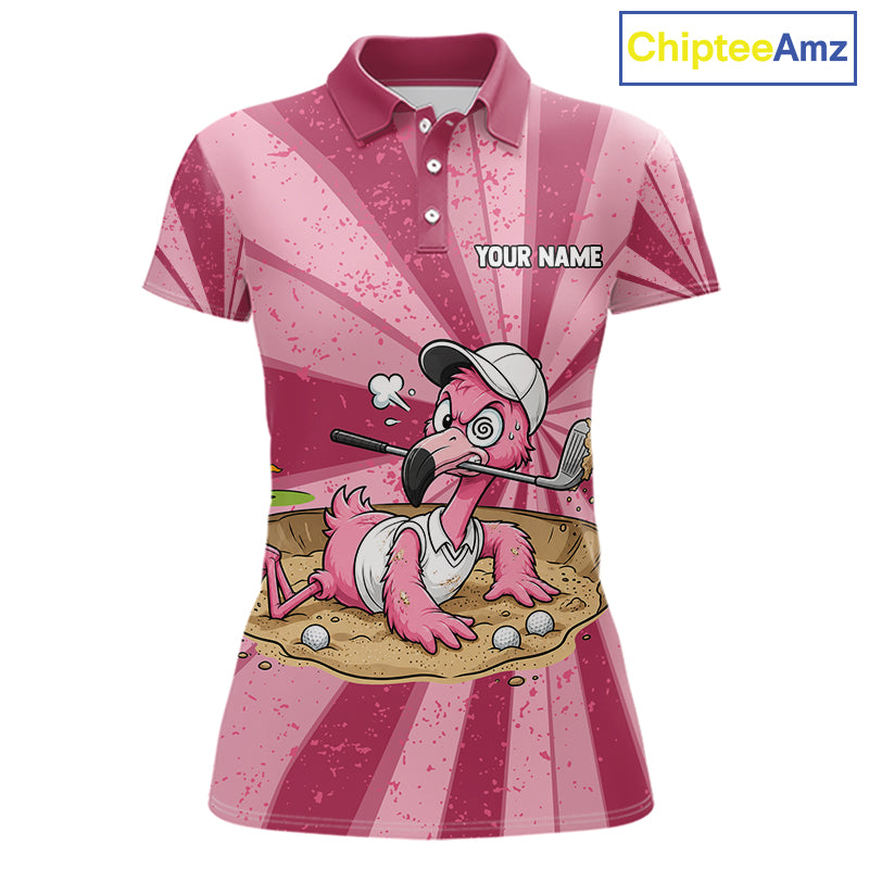 Women's golf polo mockup featuring vibrant grunge pink flamingo artwork, personalized golf tournament shirt for ladies golf leagues, country clubs, vacation golf apparel and tropical fashion enthusiasts. Themes of grace, harmony and confidence.