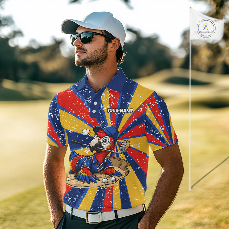 Male golfer modeling colorful parrot golf polo during championship event, premium golf clothing for golf lovers, travelers and wildlife enthusiasts. Represents confidence, intelligence and adventurous spirit.