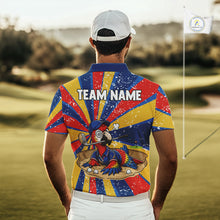 Load image into Gallery viewer, Male golfer modeling colorful parrot golf polo during championship event, premium golf clothing for golf lovers, travelers and wildlife enthusiasts. Represents confidence, intelligence and adventurous spirit.