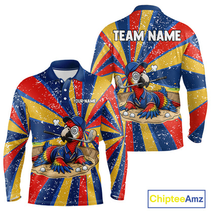 Men's golf polo mockup with colorful tropical parrot artwork, personalized performance golf shirt for golf tournaments, golf teams and country club events. Appeals to nature lovers, exotic bird fans and tropical lifestyle followers.