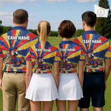 Load image into Gallery viewer, Personalized golf team wearing matching colorful parrot golf polos during tournaments and golf outings. S