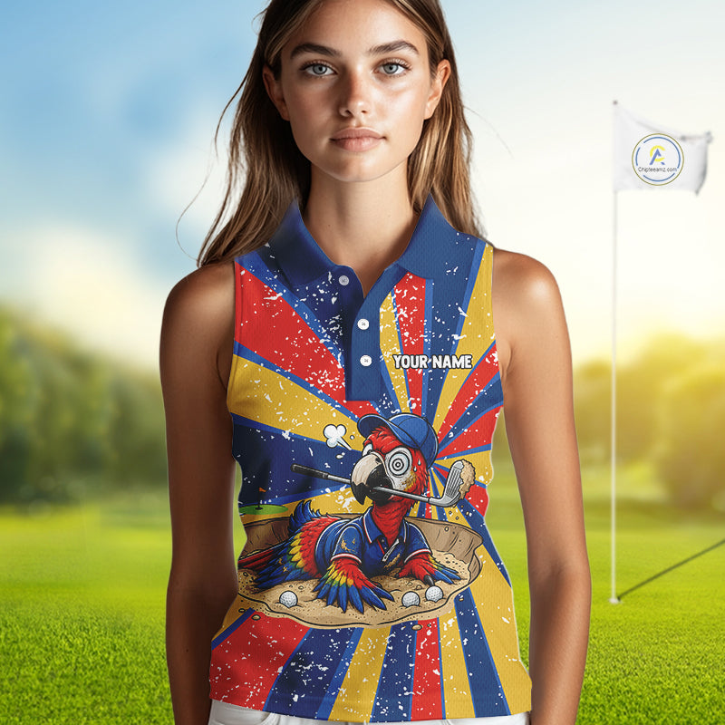 Womens Funny Parrot Golf Shirts Grunge Colorful Golf Clothing Custom Golf Sleeveless Polo, Golf Upf Shirts NYN3765