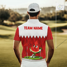 Load image into Gallery viewer, Male golfer wearing watermelon golf polo on the course, premium moisture-wicking golf apparel for golf tournaments, vacation golf and charity golf events.