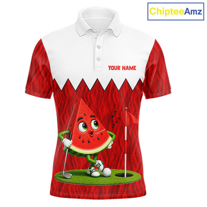 Men's golf polo mockup featuring vibrant watermelon artwork, personalized golf shirt for tournaments, golf leagues and golf vacations. Appeals to summer lovers, fruit enthusiasts and tropical lifestyle fans.