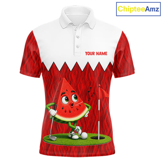 Men's golf polo mockup featuring vibrant watermelon artwork, personalized golf shirt for tournaments, golf leagues and golf vacations. Appeals to summer lovers, fruit enthusiasts and tropical lifestyle fans.