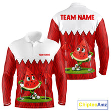 Load image into Gallery viewer, Men's golf polo mockup featuring vibrant watermelon artwork, personalized golf shirt for tournaments, golf leagues and golf vacations. Appeals to summer lovers, fruit enthusiasts and tropical lifestyle fans.