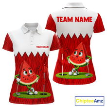 Load image into Gallery viewer, Women's golf polo mockup featuring playful watermelon graphics, personalized golf tournament apparel for ladies golf leagues, summer golf trips and golf clubs.