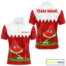 Load image into Gallery viewer, Men's golf polo mockup featuring vibrant watermelon artwork, personalized golf shirt for tournaments, golf leagues and golf vacations. Appeals to summer lovers, fruit enthusiasts and tropical lifestyle fans.