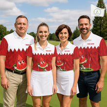 Load image into Gallery viewer, Golf team wearing matching watermelon golf polos during summer golf tournament, custom golf uniforms symbolizing friendship, teamwork, celebration and cheerful competition.