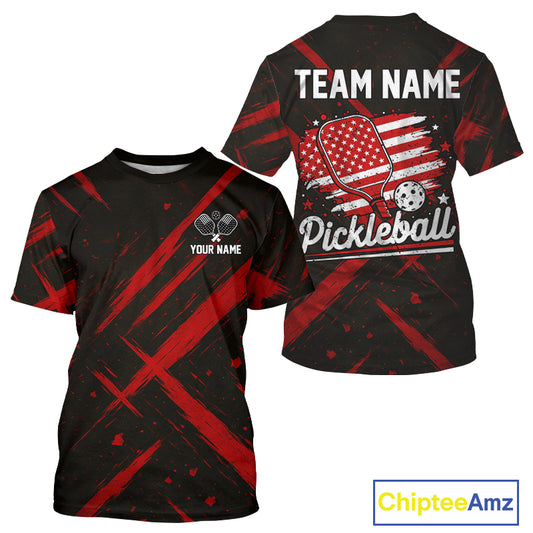 Custom Red Grunge Patriotic Pickleball T-Shirt For Men Outfits US Flag Pickleball Jersey NYN1378