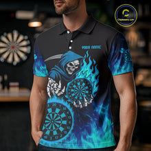 Load image into Gallery viewer, Custom Blue Flames Dartboard Horror Grim Reaper Dart Men Polo Jerseys Outfits Dart Shirt NYN1658