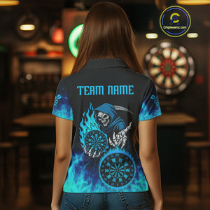 Custom Blue Flames Dartboard Horror Grim Reaper Dart Women Polo Jerseys Outfits Dart Shirt NYN1658