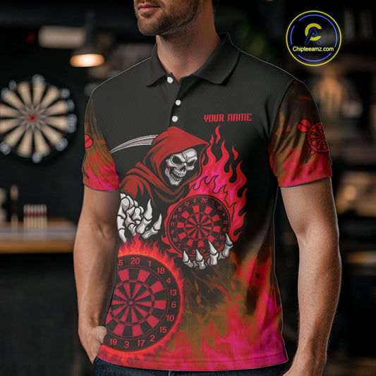 Custom Red Flames Dartboard Horror Grim Reaper Dart Men Polo Jerseys Outfits Dart Shirt NYN1659