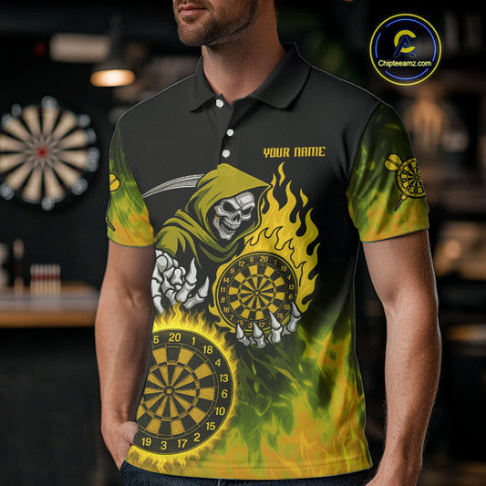Custom Yellow Flames Dartboard Horror Grim Reaper Dart Men Polo Jerseys Outfits Dart Shirt NYN1660