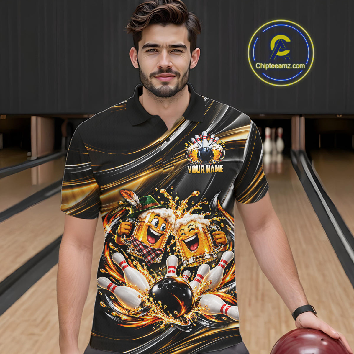 Gold Strikes Beer Mugs Bowling Polo 1/4-Zip For Men Custom Funny Bowling Beer Team Jersey Lover Gifts NYN4834