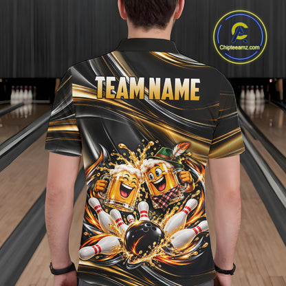 Gold Strikes Beer Mugs Bowling Polo 1/4-Zip For Men Custom Funny Bowling Beer Team Jersey Lover Gifts NYN4834