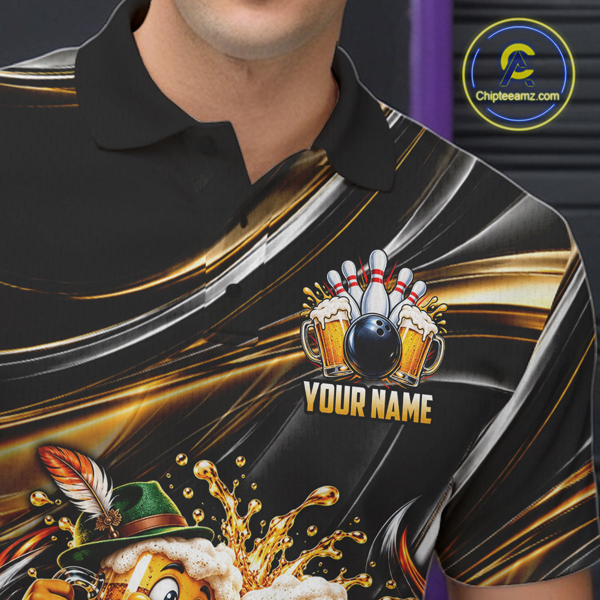 Gold Strikes Beer Mugs Bowling Polo 1/4-Zip For Men Custom Funny Bowling Beer Team Jersey Lover Gifts NYN4834