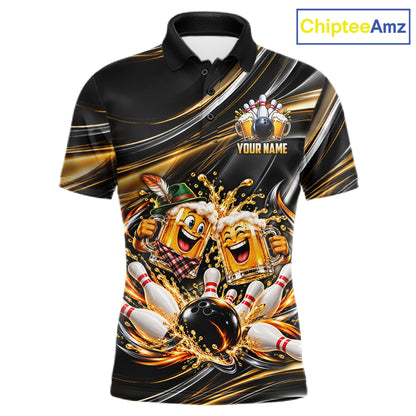 Gold Strikes Beer Mugs Bowling Polo 1/4-Zip For Men Custom Funny Bowling Beer Team Jersey Lover Gifts NYN4834