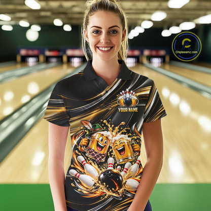 Gold Strikes Beer Mugs Bowling Polo 1/4-Zip For Women Custom Funny Bowling Beer Team Jersey Lover Gifts NYN4834