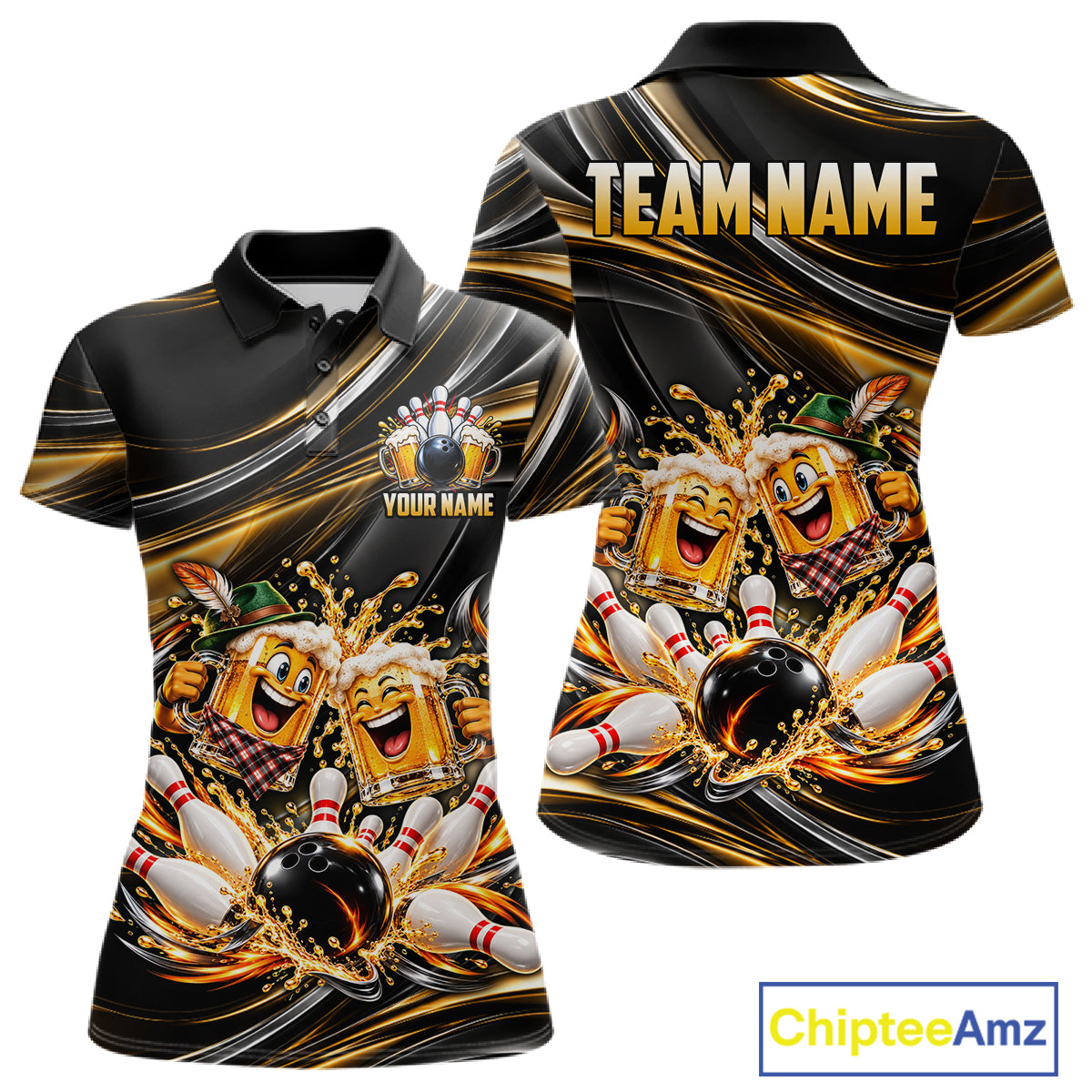 Gold Strikes Beer Mugs Bowling Polo 1/4-Zip For Women Custom Funny Bowling Beer Team Jersey Lover Gifts NYN4834