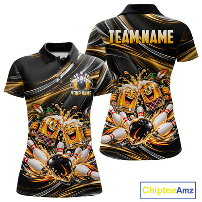 Gold Strikes Beer Mugs Bowling Polo 1/4-Zip For Women Custom Funny Bowling Beer Team Jersey Lover Gifts NYN4834