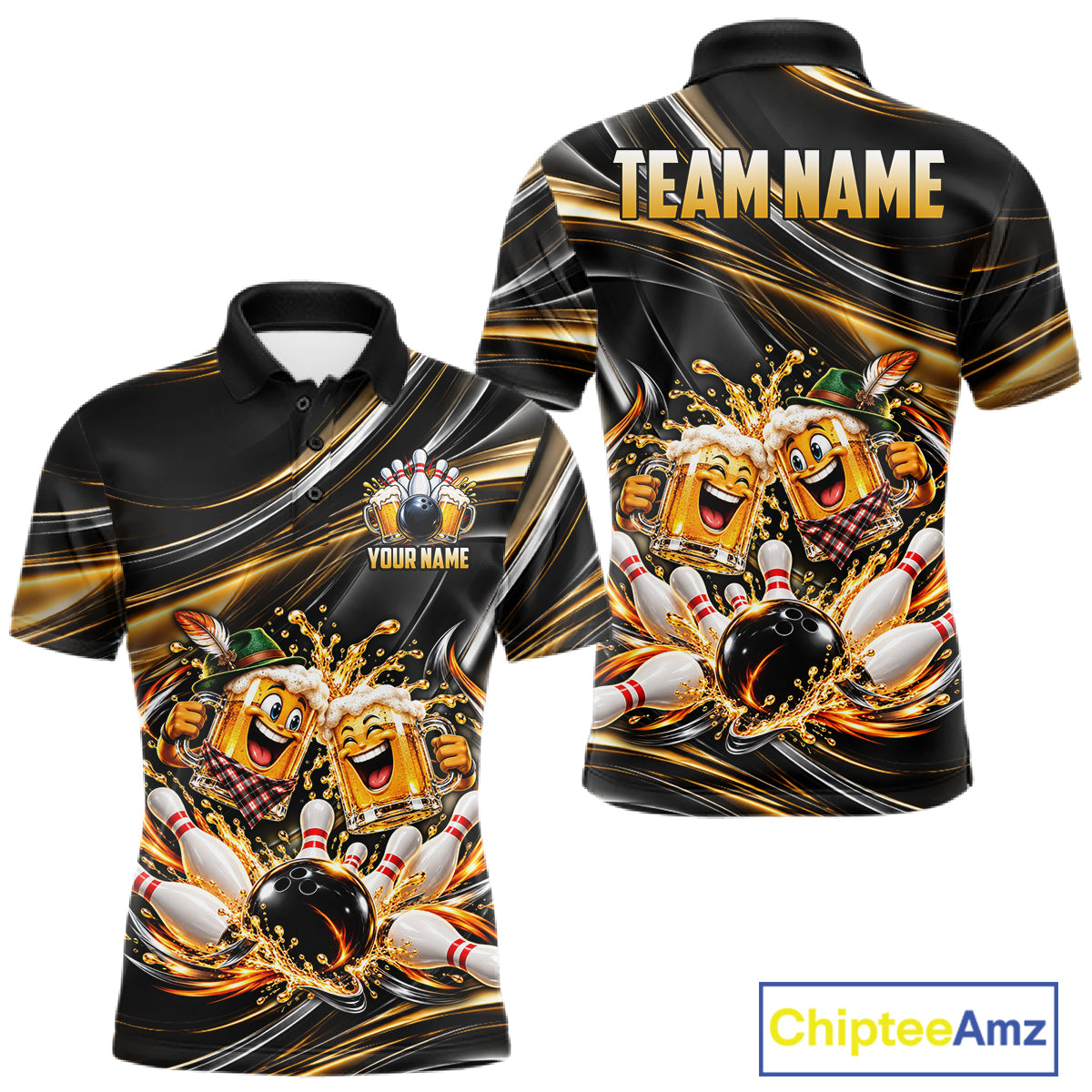 Gold Strikes Beer Mugs Bowling Polo 1/4-Zip For Men Custom Funny Bowling Beer Team Jersey Lover Gifts NYN4834