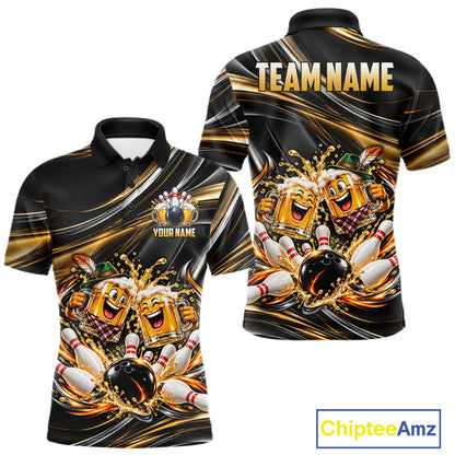 Gold Strikes Beer Mugs Bowling Polo 1/4-Zip For Men Custom Funny Bowling Beer Team Jersey Lover Gifts NYN4834