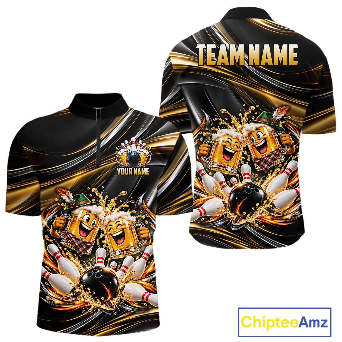 Gold Strikes Beer Mugs Bowling Polo 1/4-Zip For Men Custom Funny Bowling Beer Team Jersey Lover Gifts NYN4834