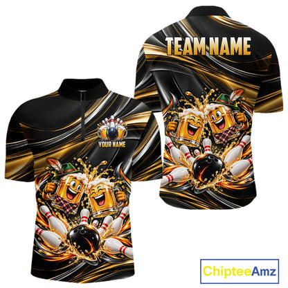 Gold Strikes Beer Mugs Bowling Polo 1/4-Zip For Men Custom Funny Bowling Beer Team Jersey Lover Gifts NYN4834