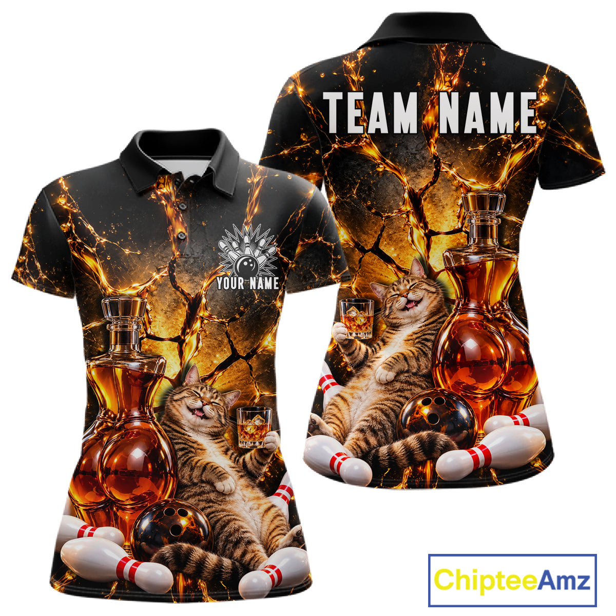 Funny Tabby Cat Whiskey Bowling Polo 1/4-Zip For Women Custom Retro Drunk Bowling Team Shirt Bowling Gift NYN4835