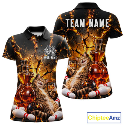 Funny Tabby Cat Whiskey Bowling Polo 1/4-Zip For Women Custom Retro Drunk Bowling Team Shirt Bowling Gift NYN4835