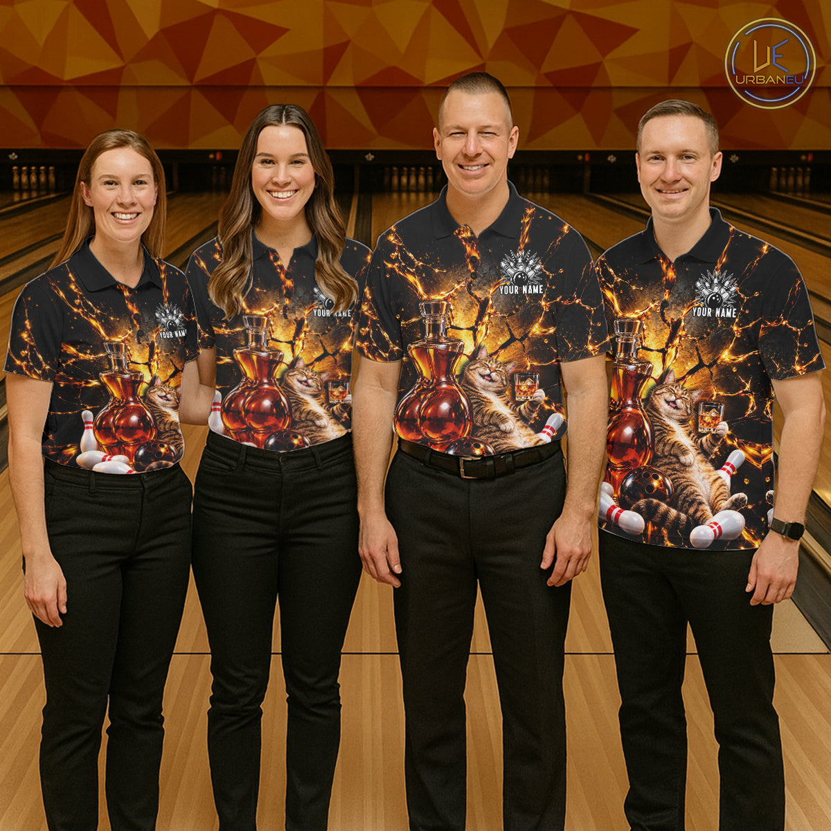 Funny Tabby Cat Whiskey Bowling Polo 1/4-Zip For Men Custom Retro Drunk Bowling Team Shirt Bowling Gift NYN4835