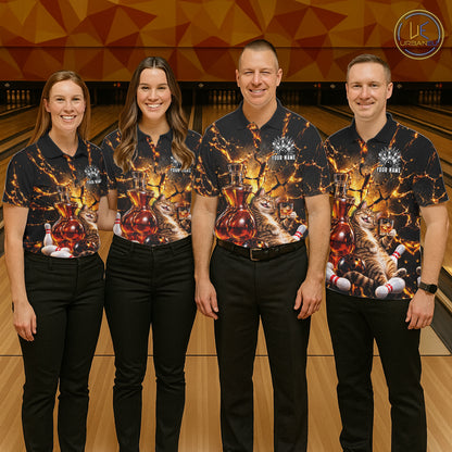 Funny Tabby Cat Whiskey Bowling Polo 1/4-Zip For Men Custom Retro Drunk Bowling Team Shirt Bowling Gift NYN4835