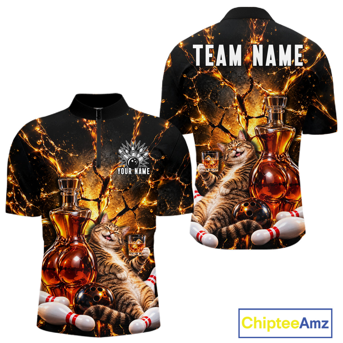 Funny Tabby Cat Whiskey Bowling Polo 1/4-Zip For Men Custom Retro Drunk Bowling Team Shirt Bowling Gift NYN4835